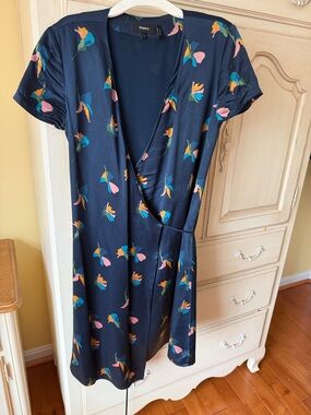 Theory Navy Floral Wrap Dress with Pink, Teal & Yellow Accents